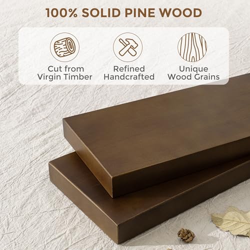 Image of Marsmiles Wood Floating Shelves | Rustic Dark Wood Wall Shelves Set of 2 | 16 inch W x 7.7 inch D x 1.6 inch H Dark Wooden Shelves for Bathroom Living Room Kitchen