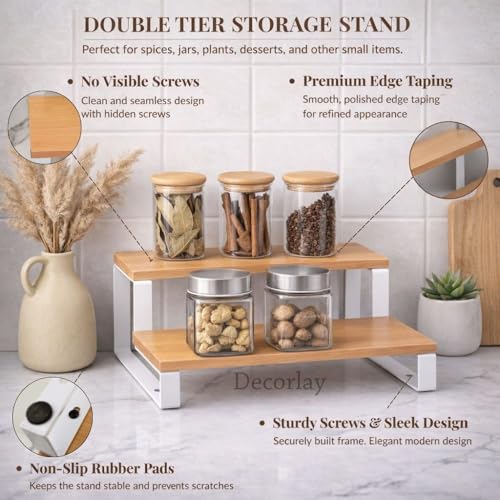 Image of Decorlay 2-Tier Metal & Laminated Board Stairs Spice Rack Cosmetic Organizer Stand, Kitchen Countertop for Pantry Cupboard, Countertop (Beech+White)