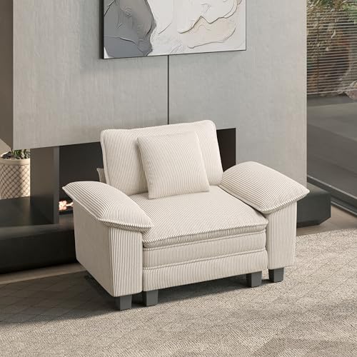 Image of HERA'S HOUSE 1-Seat Modular Couch Accent Chair Sofa with Throw Pillow | Modern 53.5 inch Single Seat, Beige, Wider Armrest, Comfy Deep Seat, Soft Corduroy Sofa Chair for Living Room