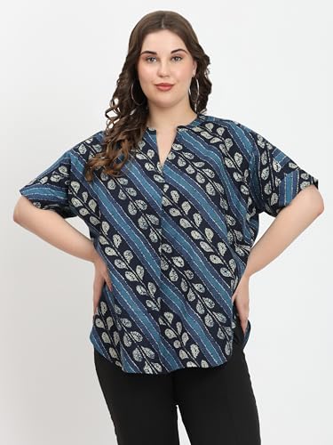 Image of SINDOORI Relaxed Fit Tops for Women Plus Size Solid Printed Mandarin Collar, Band Collar, V-Neck Top, Half Sleeve Loose Fit