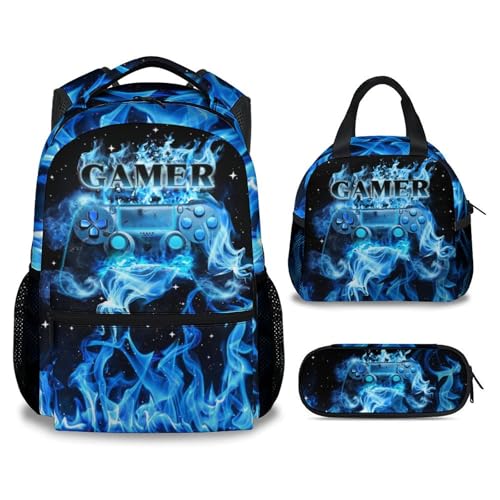 BEOIIBIRD Backpack with Lunch Box and Pencil Case Set Set of 3 Matching Gamer Backpacks Combo Blue Cute Gaming Boys Kids Bookbag and Pencil Case Bundle
