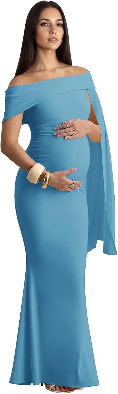 Maternity Dresses for Women Off Shoulder Baby Shower Dress Long Satin Formal Pregnancy Gowns