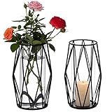 Black Geometric Pillar Candle Holder - 2pcs Glass Cylinder Hurricane Candleholders with Metal Candle Stand, Creative Trendy Vase for Office Wedding Holiday Party Gifts
