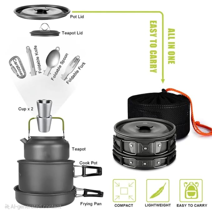 Image of 12-Piece Camping Cookware Mess Kit with Tea Pot, Lightweight Nonstick Pot & Pan Set with Spork, Bowls, Knife & Travel Bag - Compact Outdoor Cooking Gear for Backpacking, Hiking, Scouts