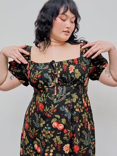 CIDER Plus Size Midi Dress Summer Fruit Patterned Square Neck Puff Sleeve Boho Vacation Casual Midi Dress for Curvy Women3