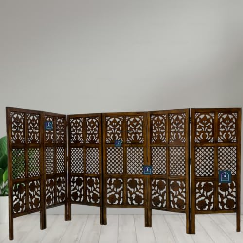 Image of Wooden Room Partition Screen with Burnt Wood Finish | Hand Buffed Traditional Handicraft Room Divider | Indoor Room Separator | Puja Room Divider (6 Panel 4 Feet)