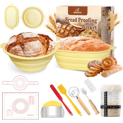 Bread Proofing Basket Set, 9-inch Round with Liner, Dough Scraper, Scoring Lame, Whisk