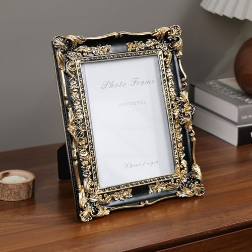 Vintage Black and Gold Picture Frame 5x7, Ornate Baroque Resin Handcrafted Picture Frames with Glass Front, Antique Textured Design Decorative Frame for Tabletop & Wall Display