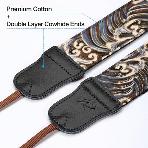 Image of Padwa Lifestyle Camera Strap - 2 inch Cowhide Leather Head Cotton Camera Straps for Photographers,Vintage Japanese Art Print Adjustable Neck & Shoulder Strap for ALL DSLR /SLR Cameras(Brown Wave)