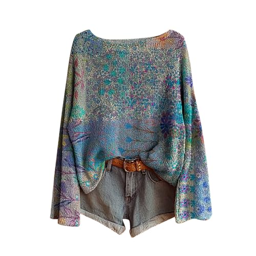Womens Boho Sweaters Oversized Long Sleeve Knitted Pullover Tops Fall Casual Loose Tunic Shirts Print Floral Blouses