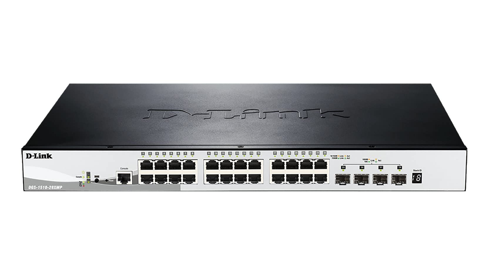 D-Link DGS-1510-28XMP/E, 28-Port Smart Managed PoE+ Gigabit Stack Switch (24x 10/100/1000 Mbit/s BaseT PoE+ Port, 4x 10G SFP+ Slot, 370W PoE Kapazität, 19" Metallgehäuse) - Nur EU-Netzkabel