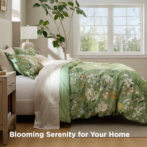 Image of Bedsure Duvet Cover Queen Size - Reversible Green Floral&Bird Duvet Cover Set with Zipper Closure, 3 Pieces Mistletoe Bedding Set with 8 Corner Ties and 2 Pillow Shams 20 inchx26 inch