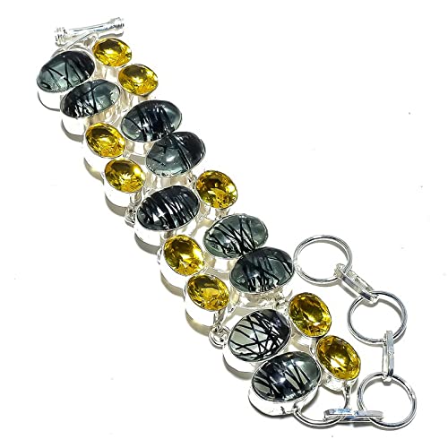 Bracelet multi-pierres en quartz rutile noir fait main en argent pour femme