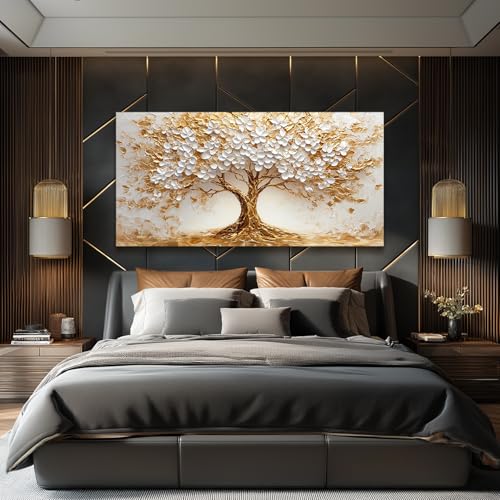 SERIMINO White Gold Tree of Life Wall Art, Blooming Flower Tree Extra Large Artwork, Abstract Landscape Canvas Art Prints, Modern Oversized Pictures Wall Decor Living Room Office Ready to Hang 30"X60"