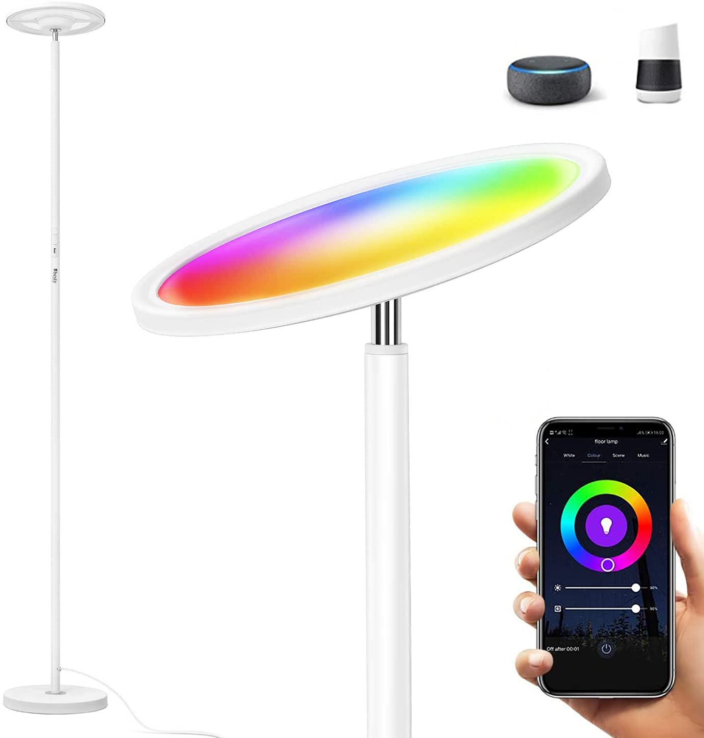 BESTY HOME Smart Floor Lamp, 2000LM Bright RGBW Smart WiFi LED Floor Lamp 25W for Reading, Dimmable Torchiere, for Living Rooms Bedrooms, for DIY, Compatible with Alexa & Google Home (Snow White)