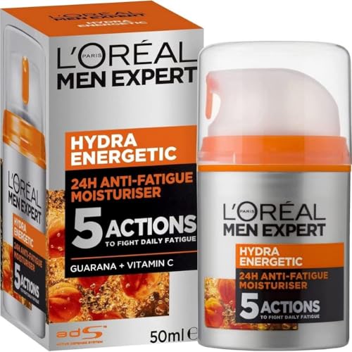 L'Oreal Paris Men Expert Anti-Fatigue Moisturiser 50ml, with Vitamin C + Proteins, to Fight Dryness, Dullness, Fine Lines & Dark Circles, 24 Hour Lasting Hydration, Moisturiser for Men