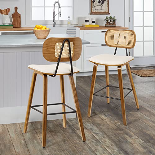 Bekrvio BEK-COUNTERSTOOL031AWT-2P Counter Height Bar Stools Set Of 3, Mid Century Modern Counter Stools, 26 Inch Wood Kitchen Stool Pu Leather Upholstered Barstool With Rattan Back thumb #8