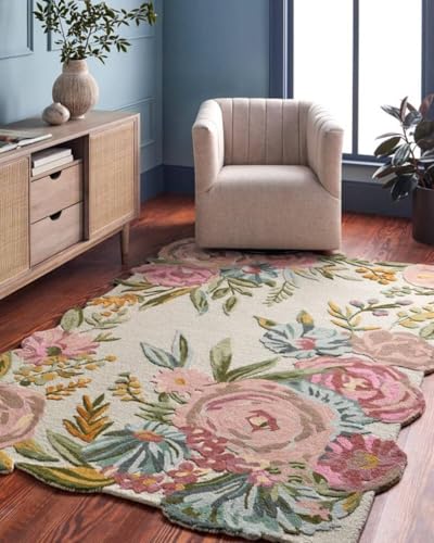 Image of Handmade Tufted Irregular Shape Wool Area Rug Botanical Design, Thick & Soft Carpet for Living Room, Bedroom Hall Room Color Multi Size 5X7 feet (150x210cm)