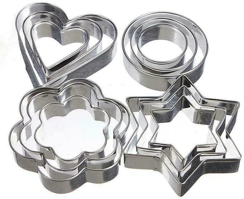 PEBBLE HUG Stainless Steel Cookie Cutter, Mini 4 Shape Geometric Shapes Heart Star Circle Round Flower Mould for Biscuit Pastry Baking Sandwich Cake Decorating Kids for Christmas - Pack of 12