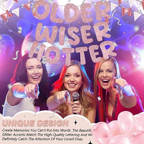 Image of Fulmoon Set of 3 Pre Strung Older Wiser Hotter Glitter Banner Funny Birthday Banner for Women 30th 40th 50th 60th 70th 80th Birthday Party Decorations Sign Gift(Rose Gold)
