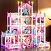 4 Stories Doll House for Girls, DIY Dollhouse Accessories Playhouse with Furniture and 11 Rooms, Pretend Play House with Lights for Kids, Portable Building Dolls Playset Toys Kit Gift for Ages 6+