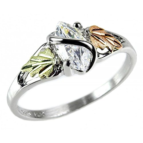 Marquise CZ with Leaf Slim-Profile Ring, Sterling Silver, 12k Green and Rose Black Hills Gold