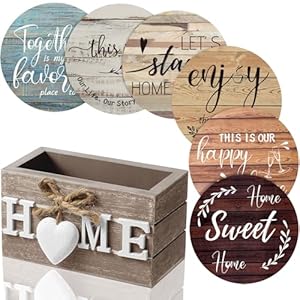 Queekay Housewarming Gifts for Home Decoration Wooden Heart Coasters for Drinks 6 Set Farmhouse Coasters with Holder Funny for Family Coffee Table Protection, 4”(Farmhouse Color)