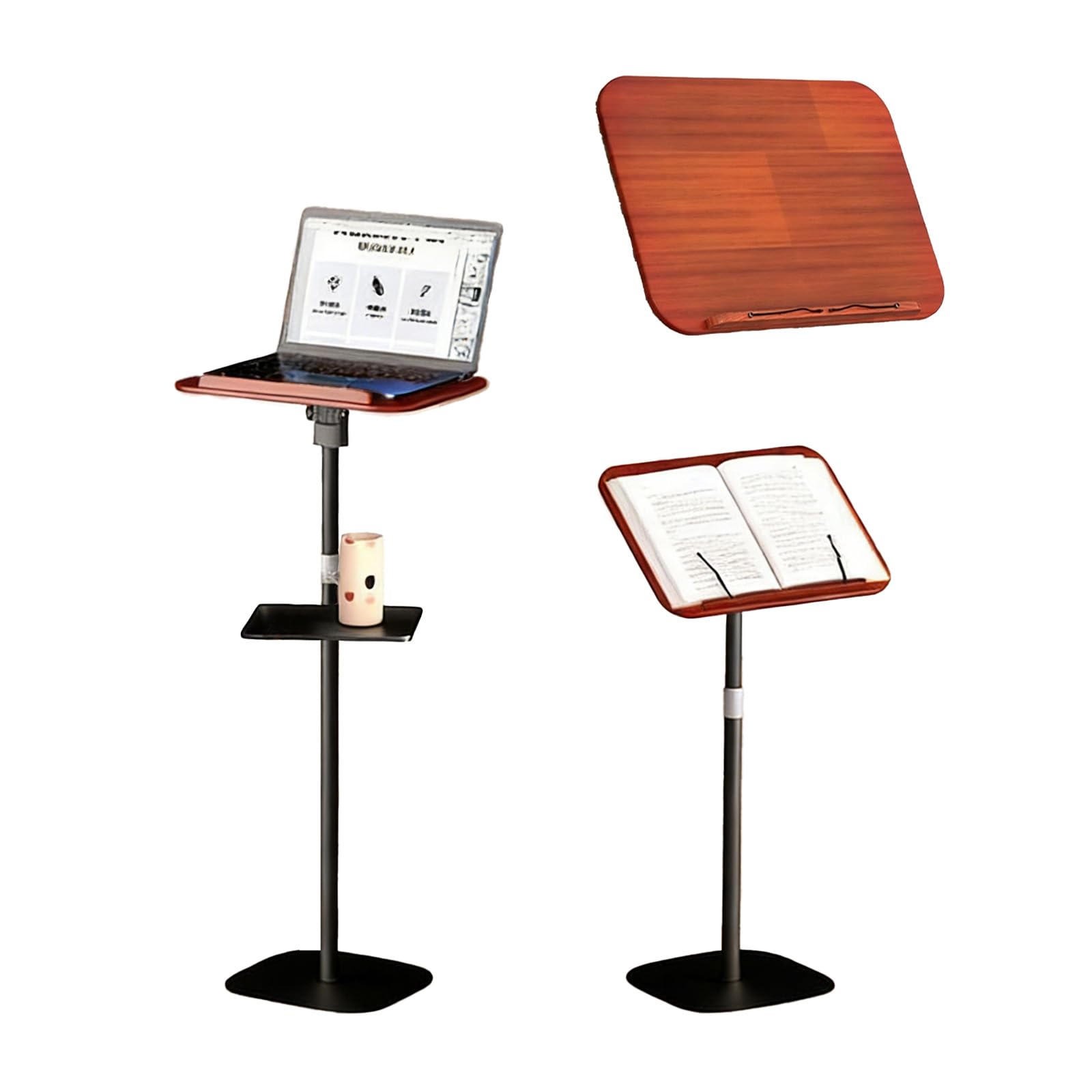 Stehender Buchständer, 69,5–103,5 cm, höhenverstellbarer Boden-Buchständer, freihändig, faltbarer Buch-Leseständer aus Holz, mit 180° Neigungsbrett, herausnehmbares Tablett für Notenblätter
