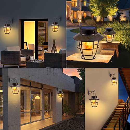 Camping Outdoor Solar Lanterns With Hooks - 2 Pack Dancing Flame Vintage Style Lights For Pathway, Garden, Patio, Yard, Porch - Waterproof Landscape Decor #TOP4
