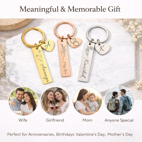 Image of Personalized Double-Sided Stainless Steel Keychain, Custom Name and Birth Flower Engraving, Initial Charm, Silver