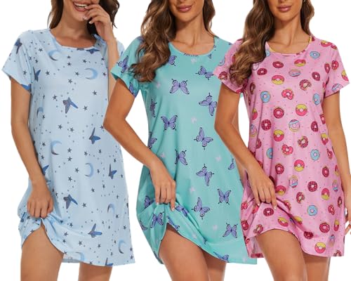 YIJIU Womens Nightgowns Short Sleeve Printed Nightshirts Casual Sleepwear Soft Sleepdress S-3XL