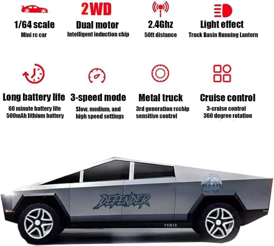 Image of Bestie toys Remote Control Small Car, 1:64 Scale Off-Road RC Car, USB Rechargeable 2.4GHZ Three Speed Indoor Alloy Vehicle for Kids (Tessla Cybertruck with No Trailer)