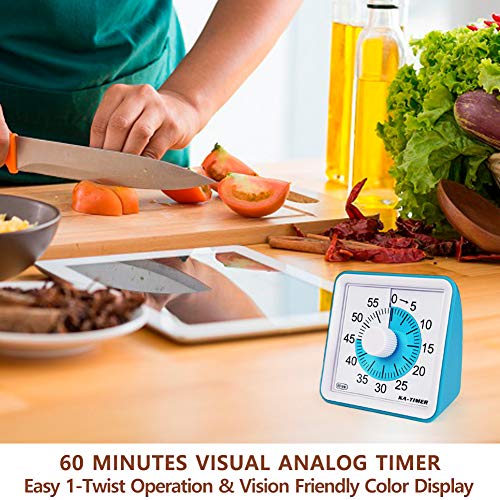 KITCHENARM 60 Minutes Visual Kitchen Timer Wind Up - 3 Inches Visual Analog Timer For Kids Adults No Ticking - 4 Alarm Modes Visual Countdown Timers For Cooking - Silent Timer For Classroom (BLUE)
