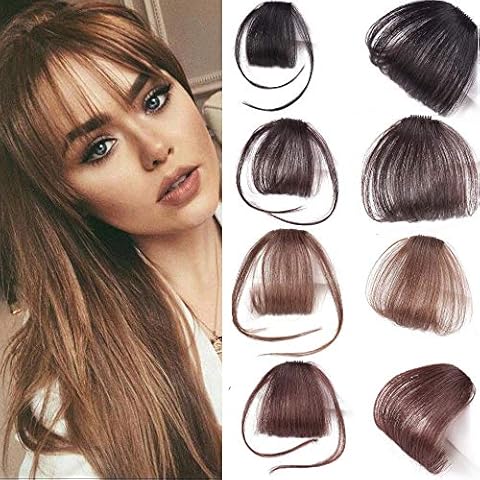 Thin Neat Air Bangs Clip in Hair Extensions Front Neat Bang Fringe One Piece Straight Hairpiece Accessories (With Sideburn, Dark Brown) Cover