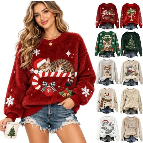 CHENXDZHAO Womens Christmas Tops,Christmas Sweaters For Women 2026 Cute Crewneck Long Sleeve Xmas Sweatshirt Warm Cozy Holiday Party Pullover Tops,Red1,L - image 1