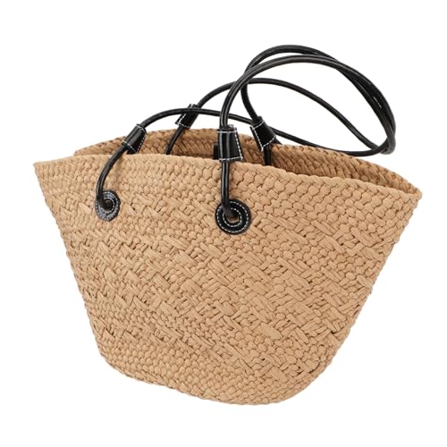 Khaki Stylish Woven Beach Bag, Straw Shoulder Bag, Large Capacity for Outdoor Shopping3