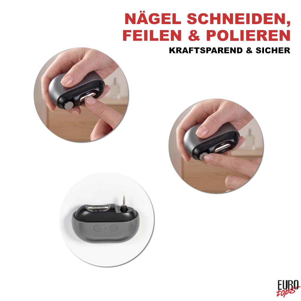 EUROtops Nageltrimmer mit LED, Feile/Polierfunktion, elektrischer Nagelschneider für Fingernägel, 2 Leistungsstufen, Akku, USB, präzise Nagelpflege, Nail Clipper/Nagelknipser, grau
