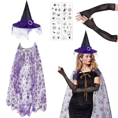 NebulaGlam Déguisement d'Araignée Cape, Costume de Sorcière d'Halloween pour Femme, Cape d'araignée d'Halloween, Chapeaux de Sorcière, Manches et Autocollants de Tatouage (Violet)