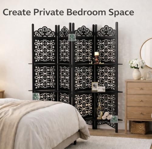 Image of Wooden Room Divider 6 Feet, 4-Panel Folding Wooden Partition for Living Room, Office, Pooja Room, Restaurant, Kitchen & Balcony (2W x 1.82H Meters). (Black-Lattice)