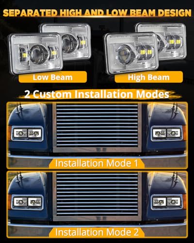 Image of Auxbeam 4X6 Headlights 4PCS with DRL Hi /Lo Beam Dot Approved Replacement H4651 H4652 H4656 H4666 H6545 Headlight Compatible with Kenworth T400 T600 T800 Freightliner Peterbilt Ford Chevy, Chrome