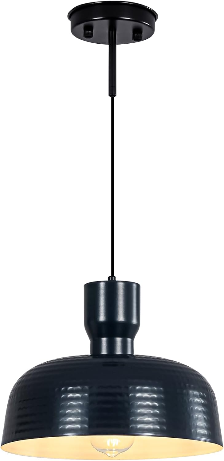 Pendant Lights Kitchen Island - 12" Farmhouse Pendant Light Fixture with Hammered Shade, Adjustable Hanging Lamp Dome Ceiling Lighting for Living Room Foyer (Ink Blue, 12" Diameter, 1pc)