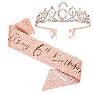6. Verjaardagssjerp en tiara voor meisjes, roségoud verjaardagssjerp kroon 6 & Fabulous sjerp en tiara voor meisjes, 6e…