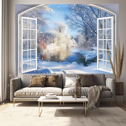 Tapisserie murale paysage d'hiver 200x150cm grand format bleu ciel