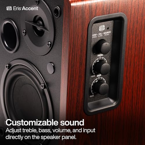 Image of PreSonus Eris Accent Powered Bookshelf Speakers - 50W Wired Stereo Speakers for Record Player, Turntable, Desk & Home, Multiple Inputs, 4 inch Woofer, Studio Monitors, Tweeter, Remote, Sub Out, Wood Grain