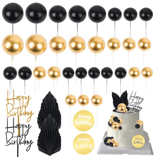 36 PCS Mini Ball Cake Topper Cupcake Insert Acrylic Cake Topper Cake Decorations for Black Boho Wedding Birthday Party Baby Shower Supplies (Black, Gold)