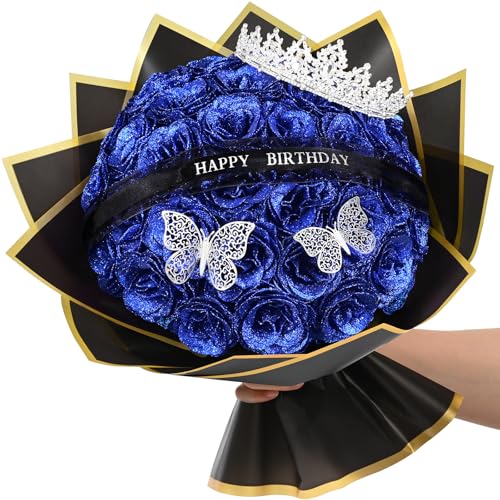 Waipfaru Glitter Roses Bouquet,Birthday Gifts for Women Mom,DIY Fake Flowers Bouquet with Birthday Stand-Up Signs,36 Blue Rose for Grandma Wife Friends