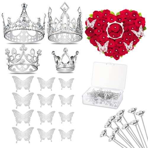 Silver Crowns for Flower Bouquets and Flower Bouquet Accessories, Including 4 Pieces Gold Crowns for Flower Bouquets, 12 Pieces Butterfly Decorations and 50 Pieces Diamond Pins for Bouquets