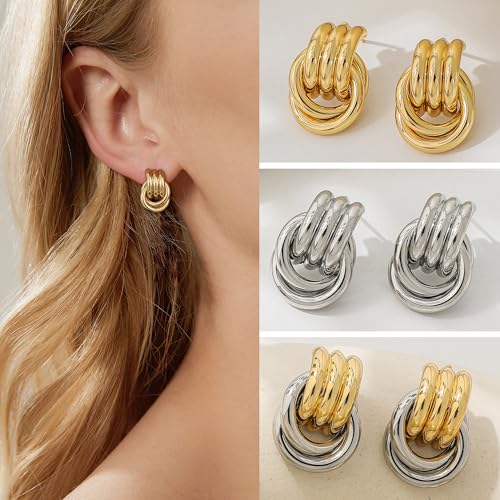 Image of SHERLOVE Chunky Knot Gold Earrings Women Statement Drop Dangle Earrings | 14K Gold Plated Hypoallergenic Lightweight,Trendy Dainty Elegant Cute,Women Gold Jewelry Fashion Accessories Gifts