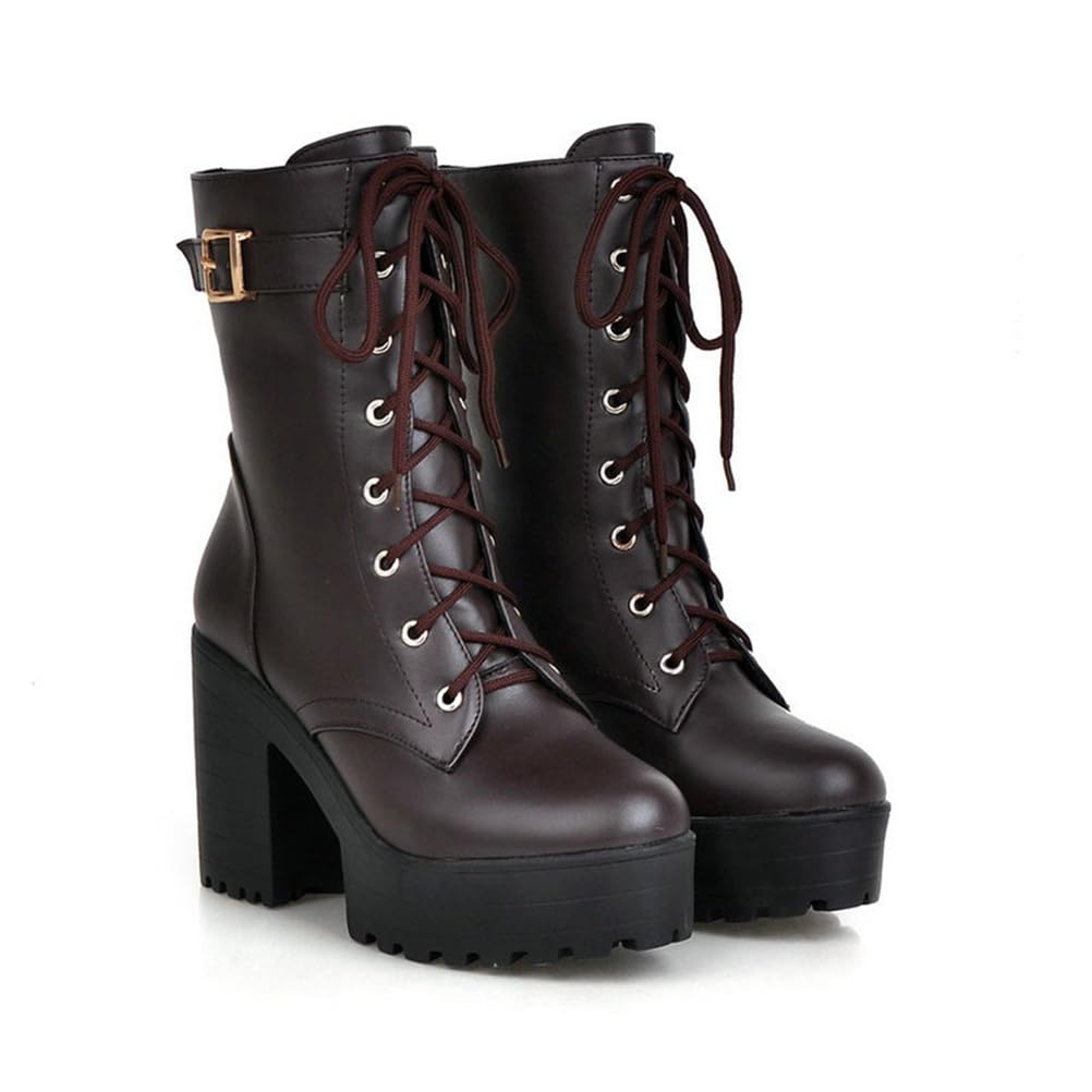 Womens Buckle Ankle Boots Fashion Platform Chunky Heel Lug Sole Combat Boots Lace Up High Heeled Booties