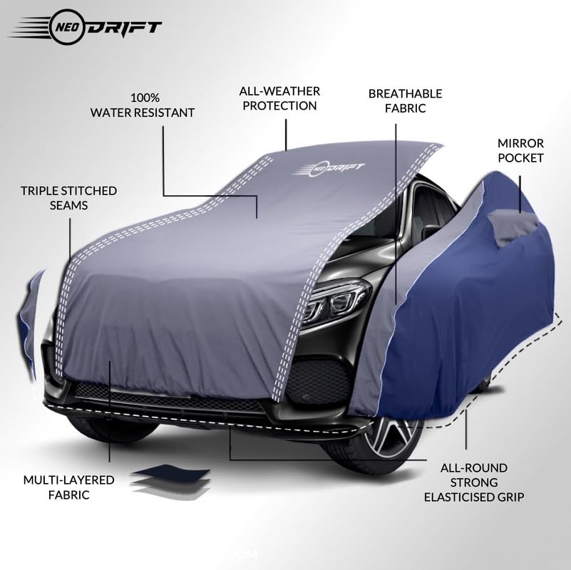 Image of NEODRIFT 'SuperTech' Car Cover for Mahindra BE 6E (100% Water-Resistant, All Weather Protection, Tailored Fit, Multi-Layered & Breathable Fabric) (Colour: L.Grey+Blue)